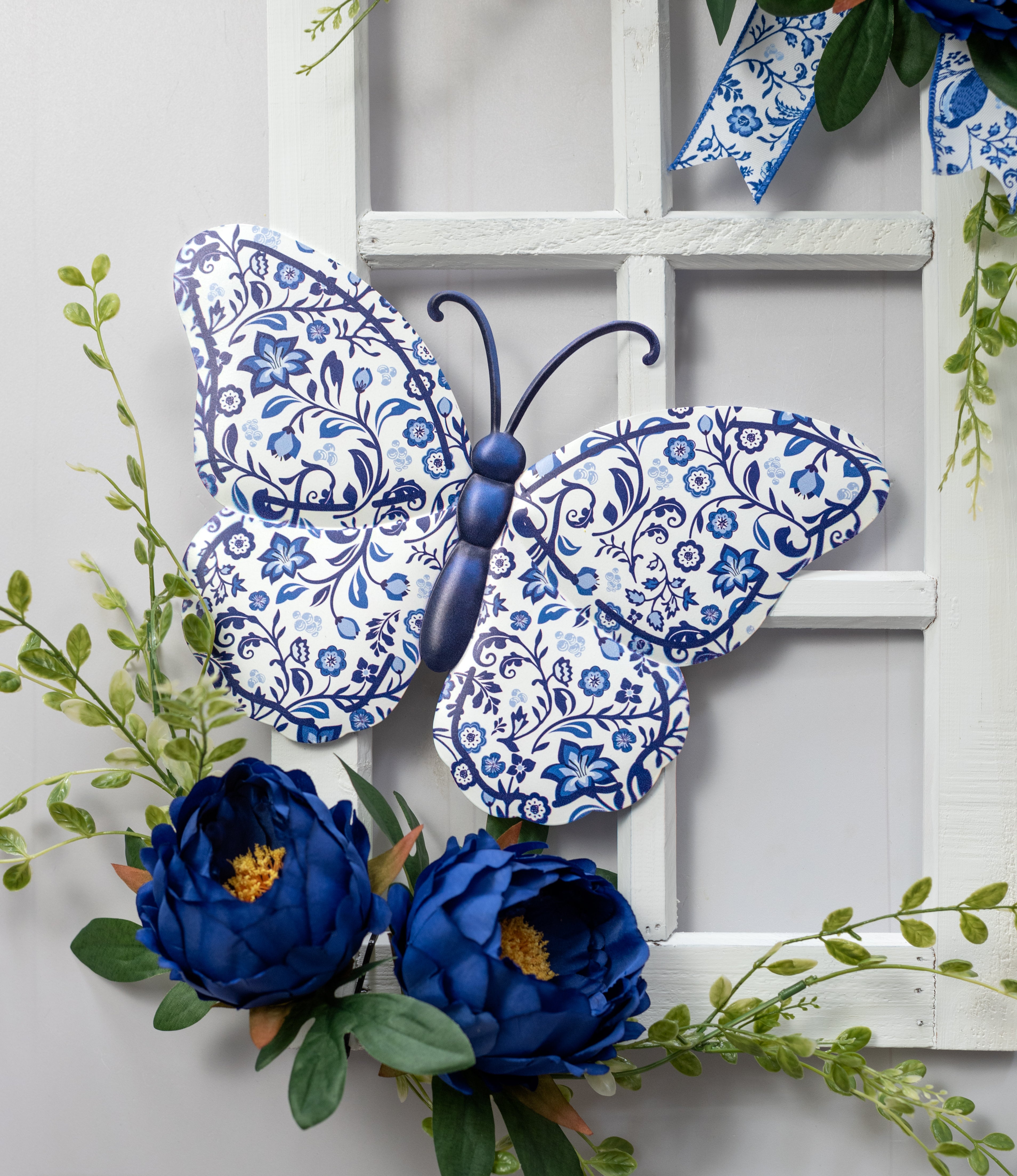 12" Embossed Metal Sign: Blue & White Chinoiserie Butterfly
