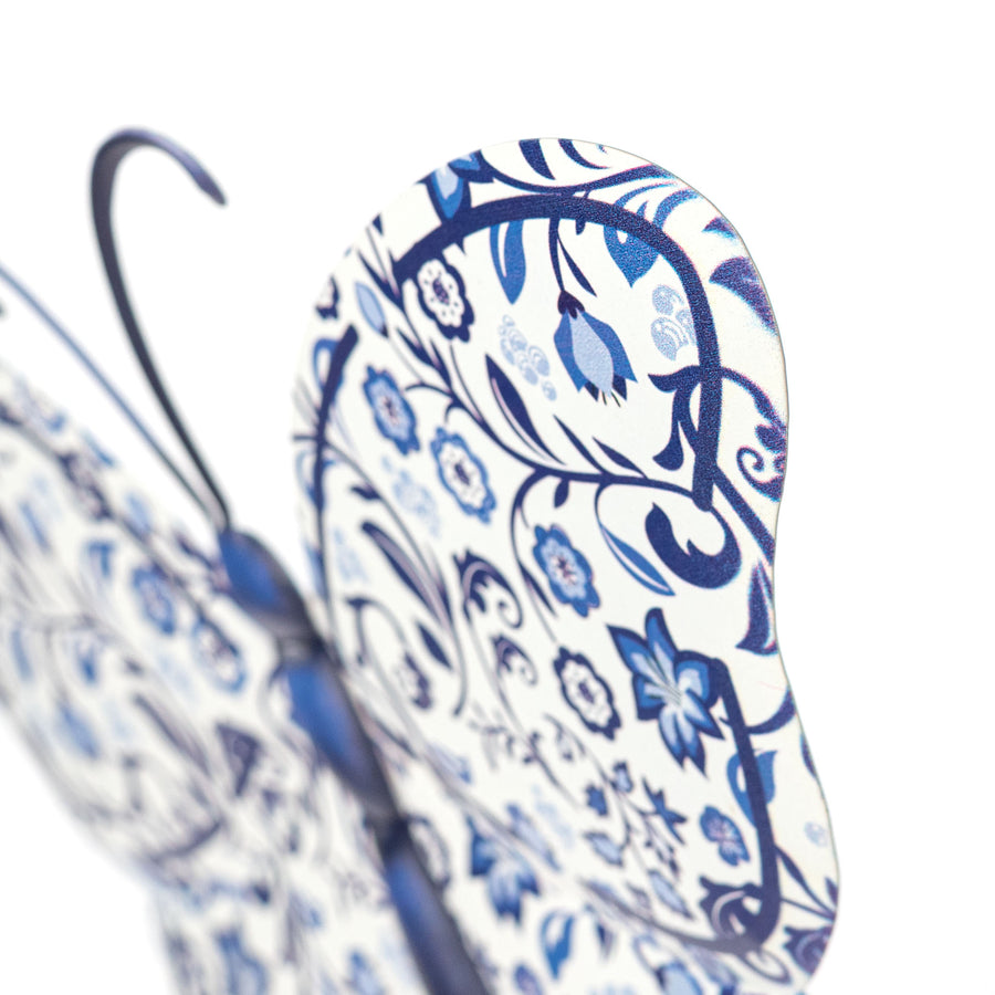 12" Embossed Metal Sign: Blue & White Chinoiserie Butterfly
