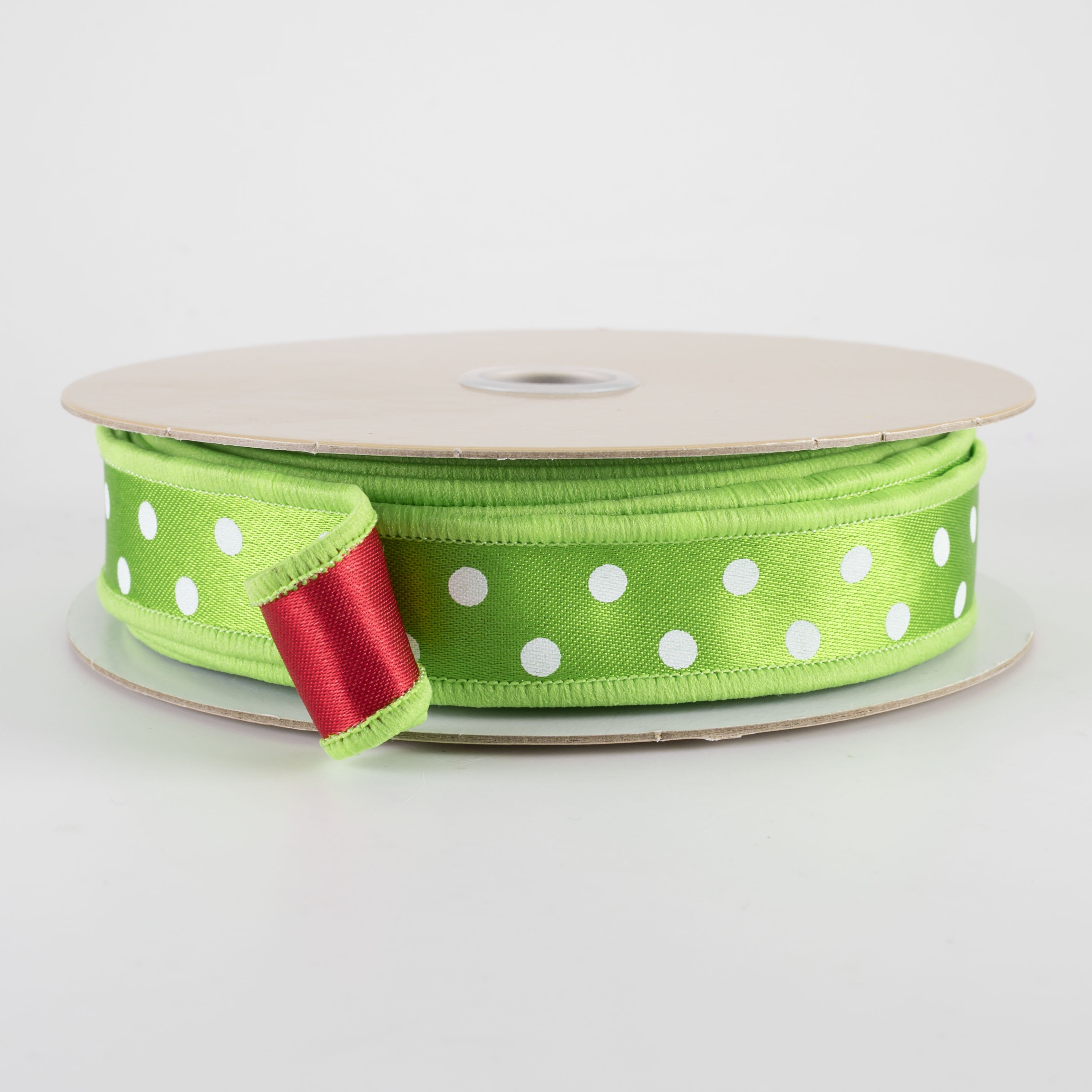 7/8" Double Sided Fused Small Polka Dot Ribbon: Green, White & Red (10 Yards)