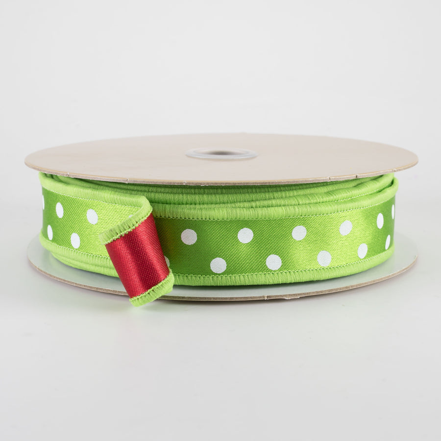 7/8" Double Sided Fused Small Polka Dot Ribbon: Green, White & Red (10 Yards)