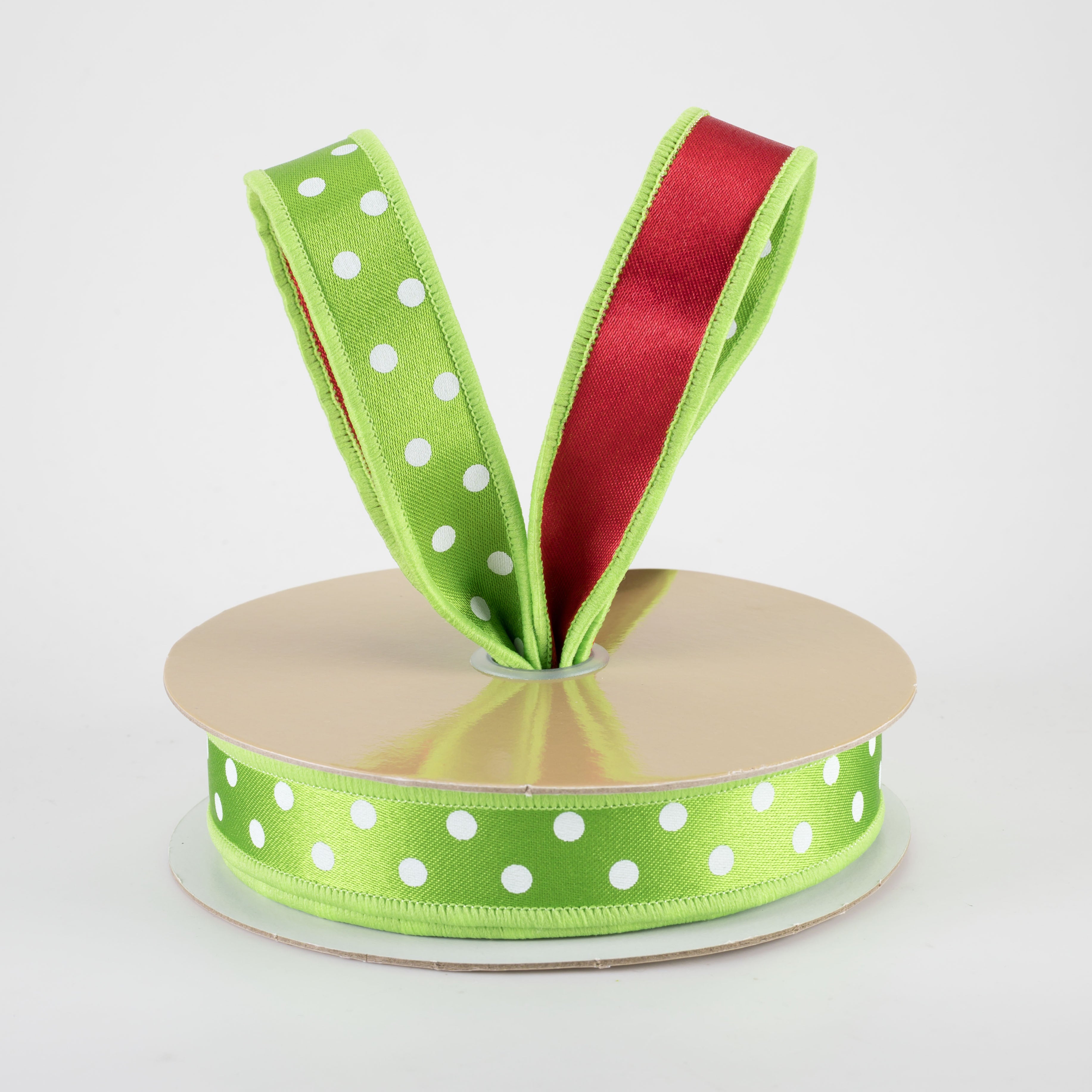 7/8" Double Sided Fused Small Polka Dot Ribbon: Green, White & Red (10 Yards)
