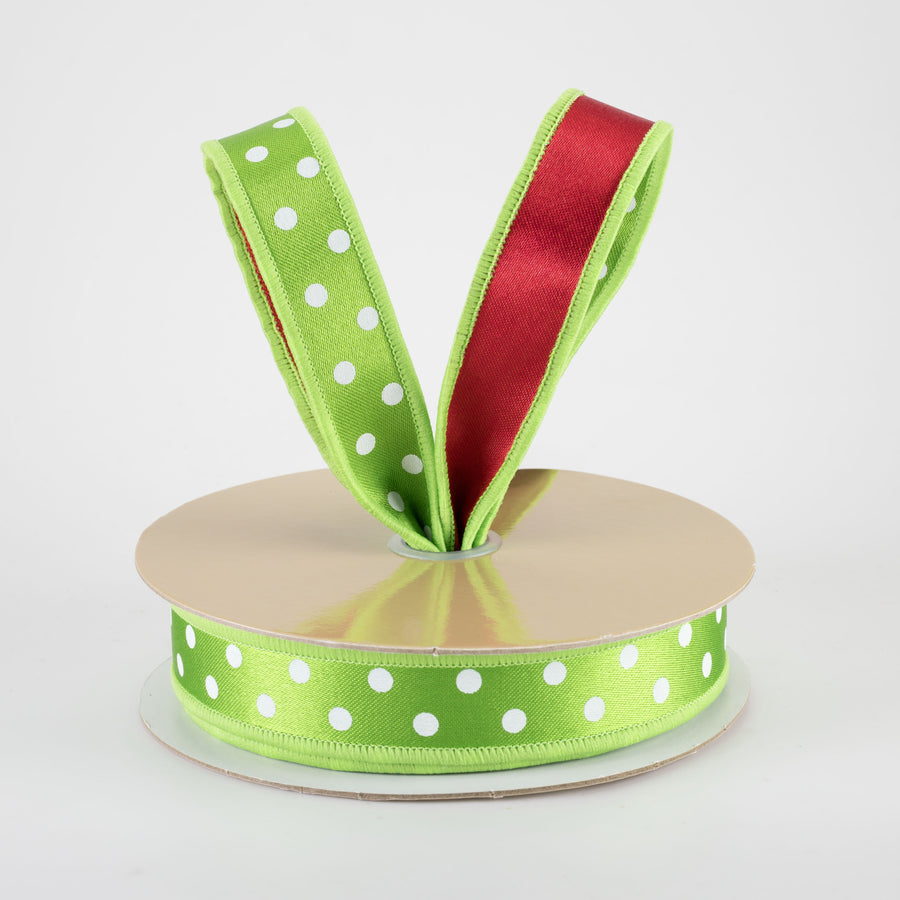 7/8" Double Sided Fused Small Polka Dot Ribbon: Green, White & Red (10 Yards)