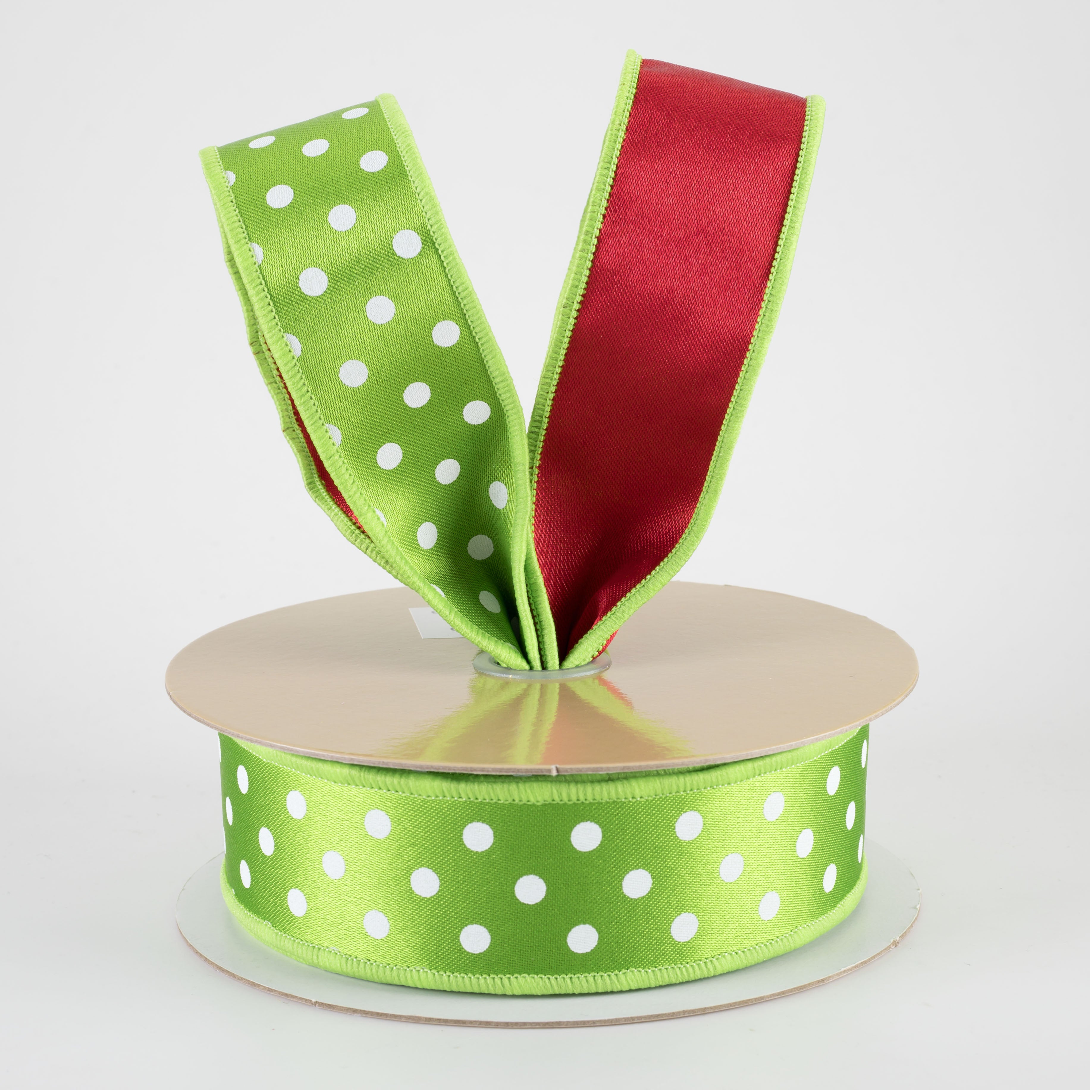 1.5" Double Sided Fused Small Polka Dot Ribbon: Green, White & Red (10 Yards)
