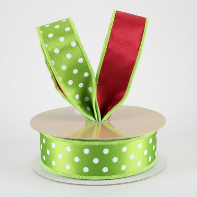 1.5" Double Sided Fused Small Polka Dot Ribbon: Green, White & Red (10 Yards)