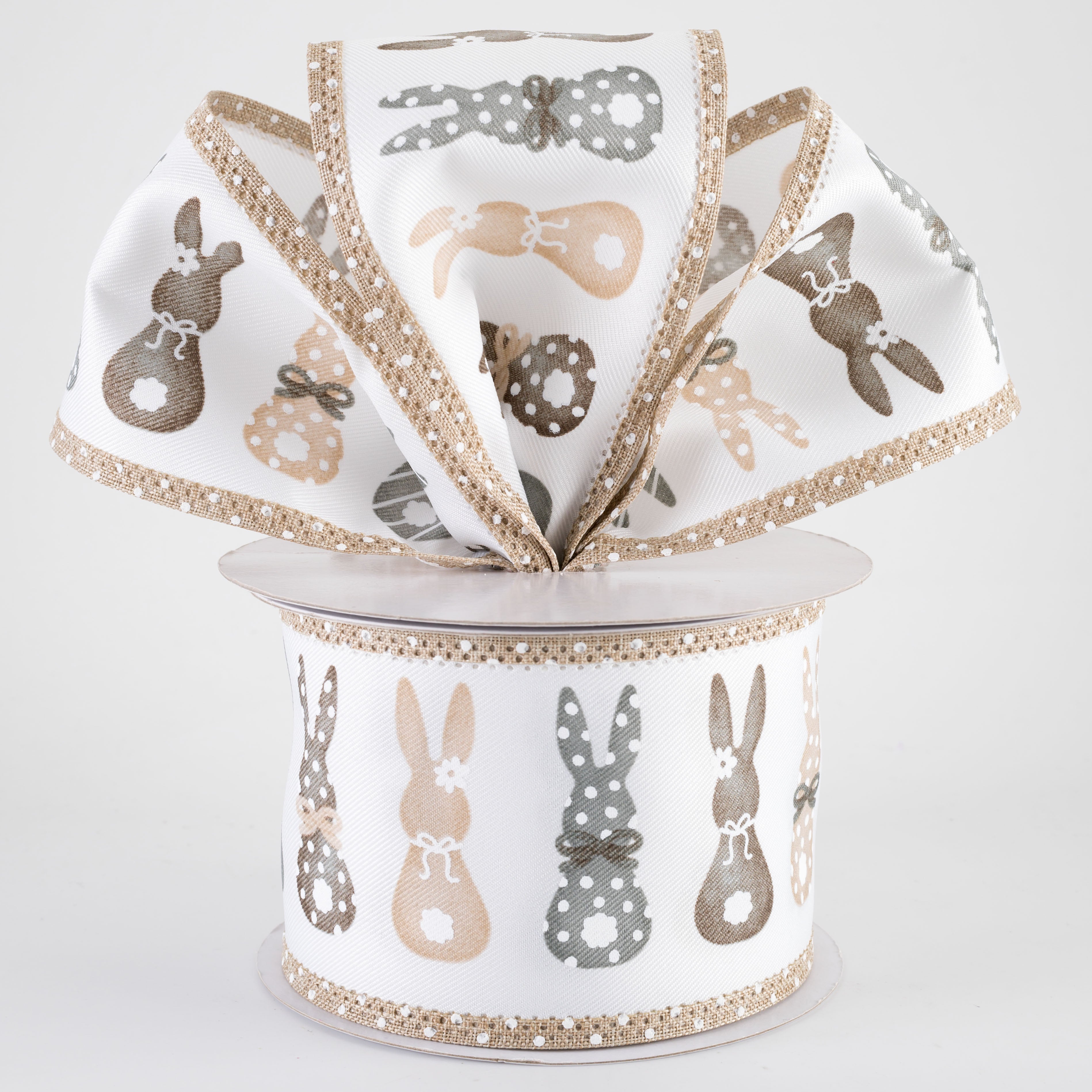 2.5" Bunny Silhouettes Swiss Dots Border Ribbon: White (10 Yards)