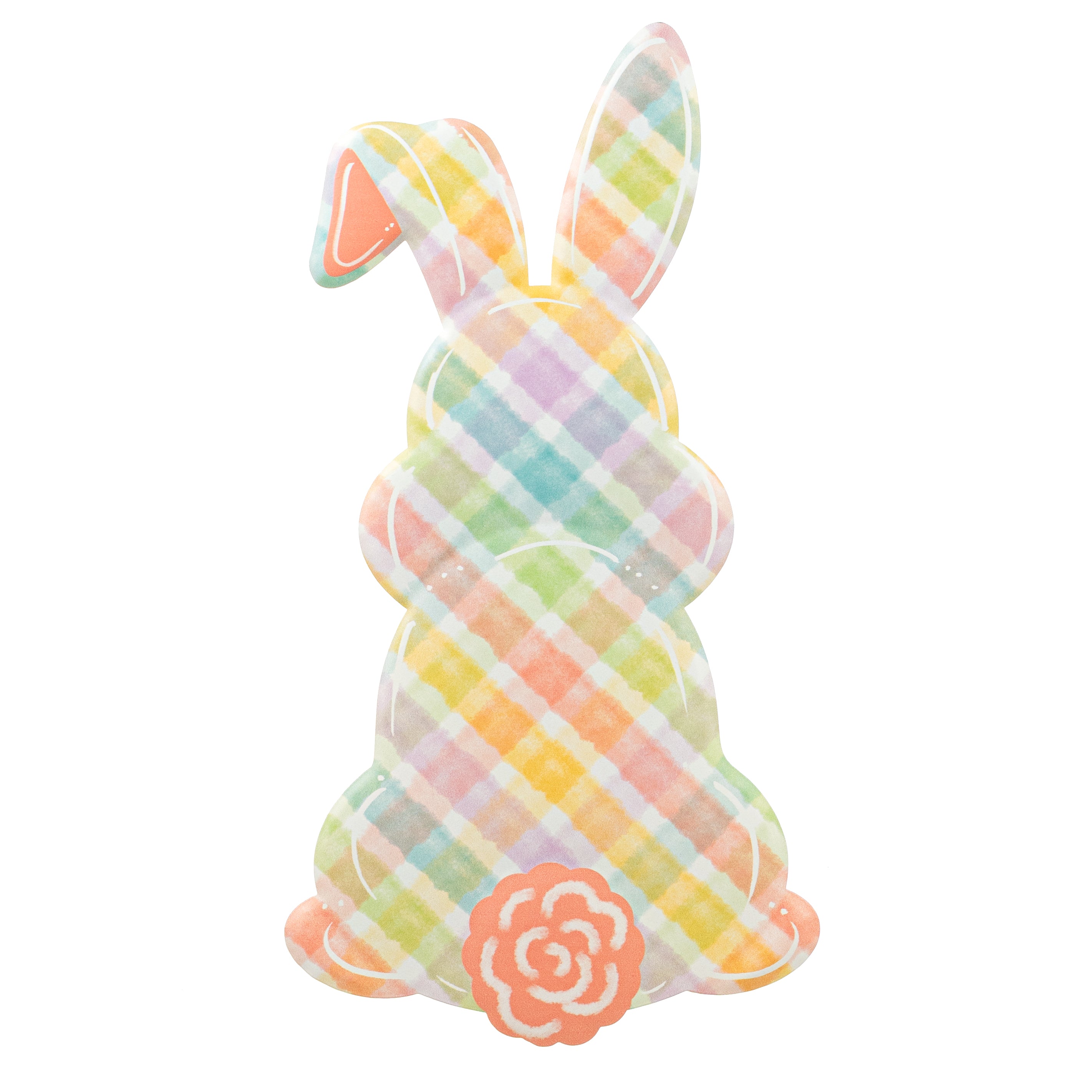 15" Embossed Metal Sign: Multicolor Plaid Bunny Bottom