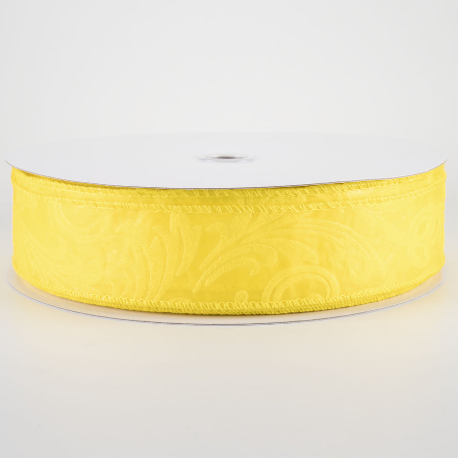 1.5" Embossed Leaf Filagree Breeze Ribbon: Yellow (50 Yards)