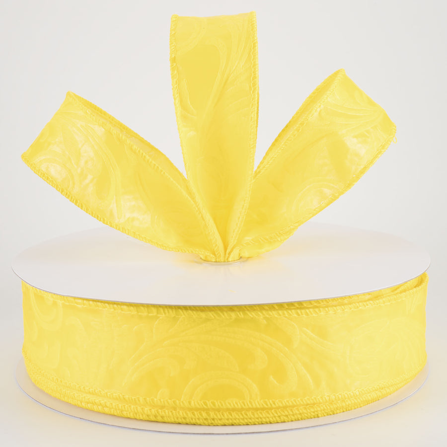 1.5" Embossed Leaf Filagree Breeze Ribbon: Yellow (50 Yards)