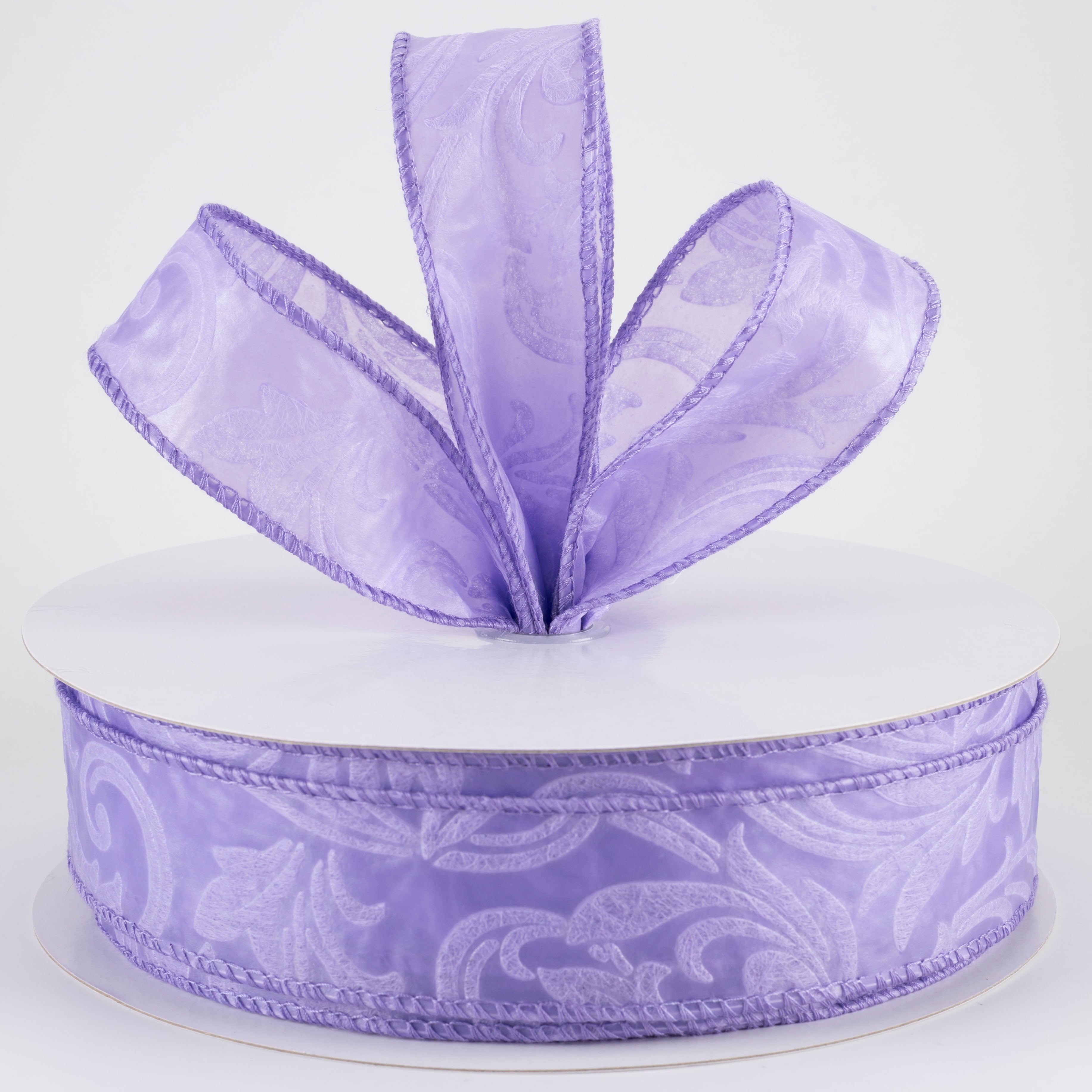1.5" Embossed Leaf Filagree Breeze Ribbon: Lilac Purple (50 Yards)