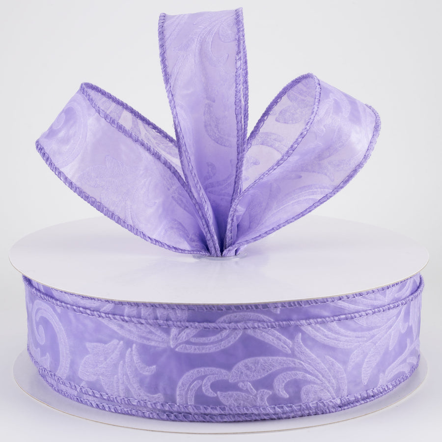 1.5" Embossed Leaf Filagree Breeze Ribbon: Lilac Purple (50 Yards)