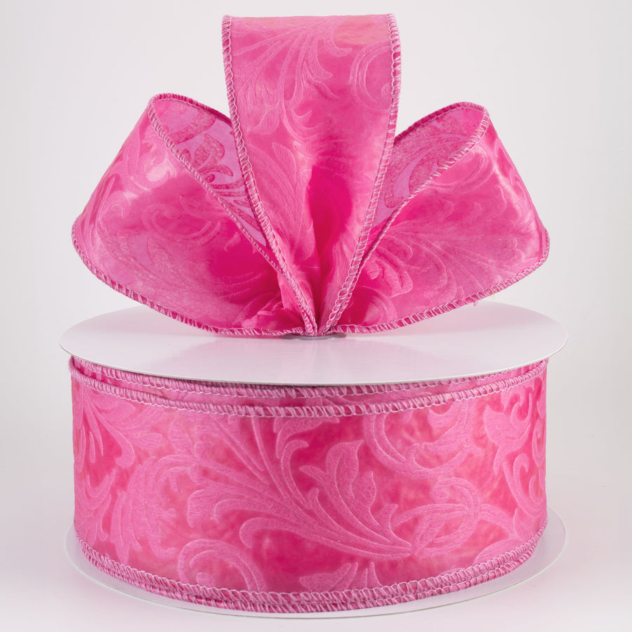 2.5" Embossed Leaf Filagree Breeze Ribbon: Hot Pink (50 Yards)