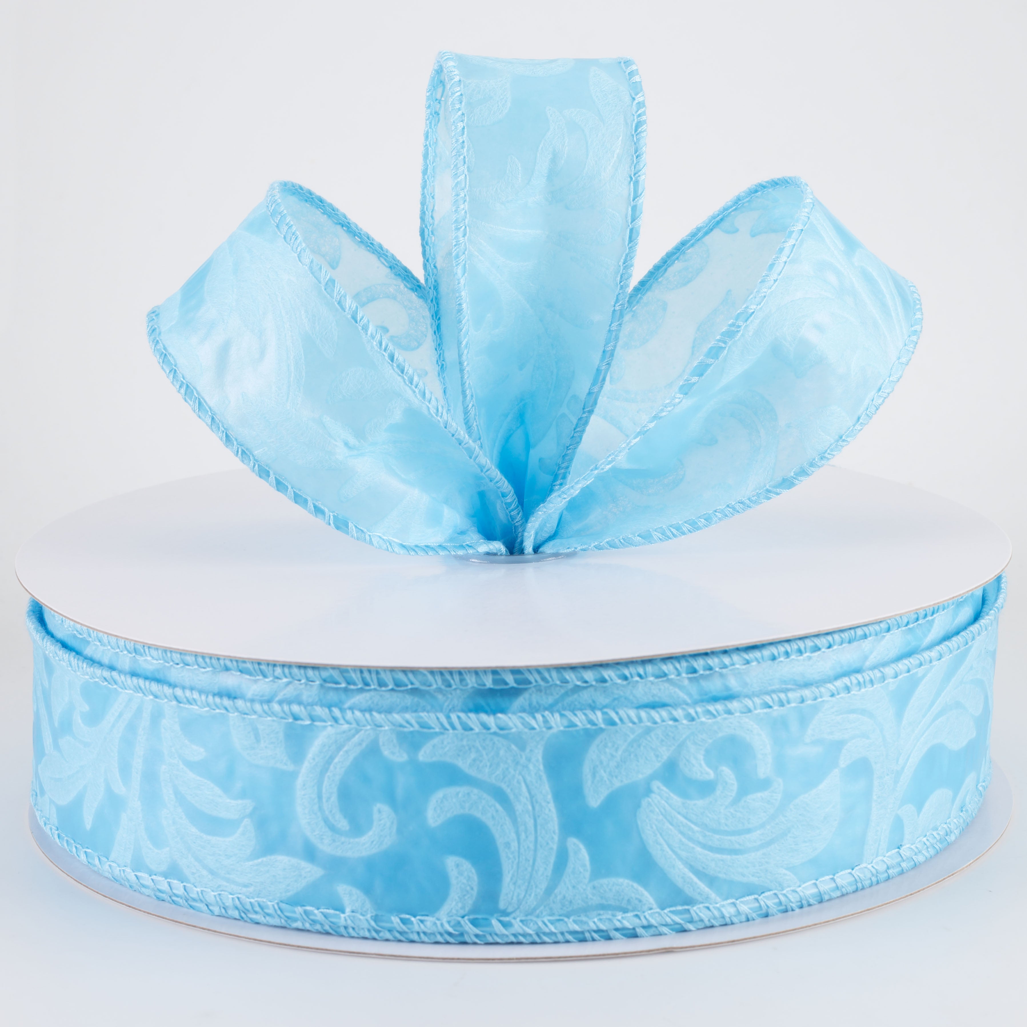 1.5" Embossed Leaf Filagree Breeze Ribbon: Light Blue (50 Yards)