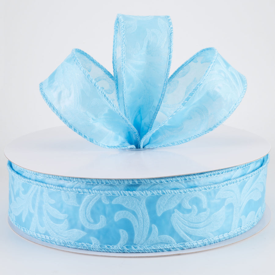 1.5" Embossed Leaf Filagree Breeze Ribbon: Light Blue (50 Yards)