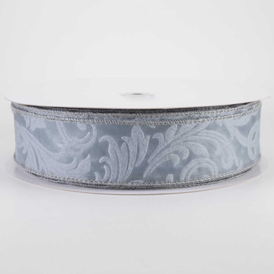 1.5" Embossed Leaf Filagree Breeze Ribbon: Grey (50 Yards)
