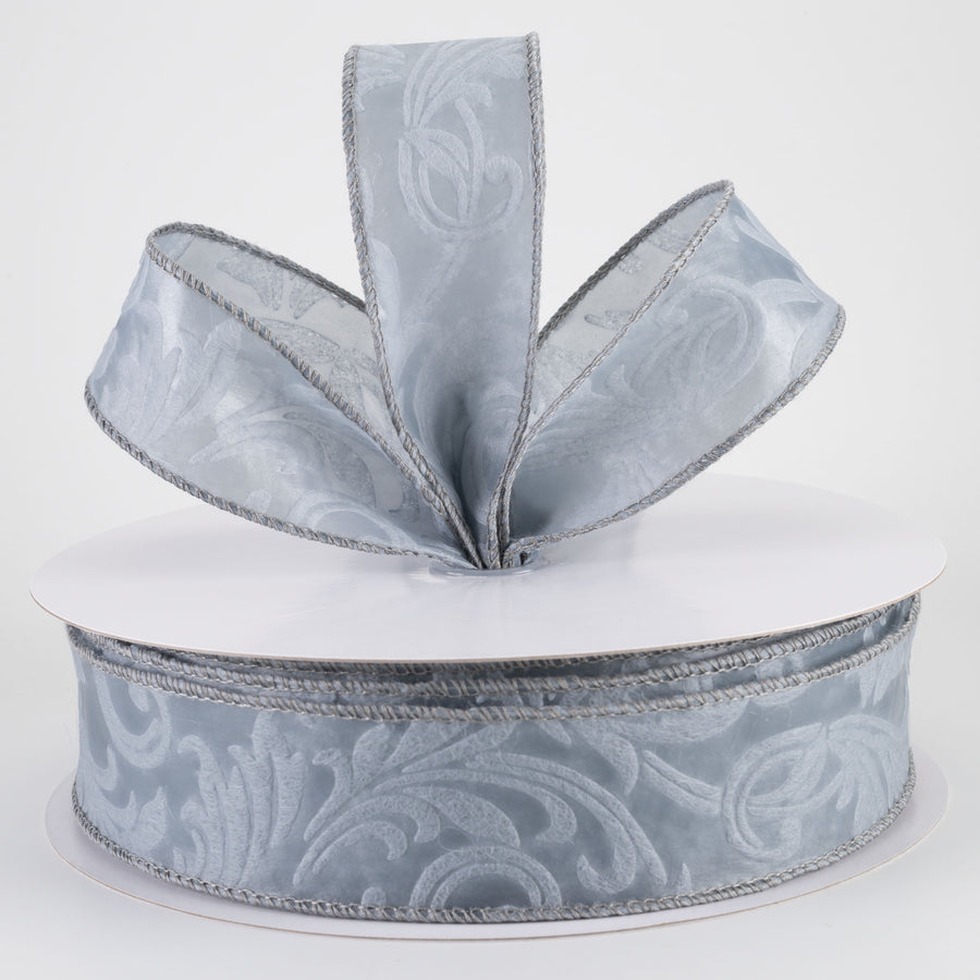 1.5" Embossed Leaf Filagree Breeze Ribbon: Grey (50 Yards)