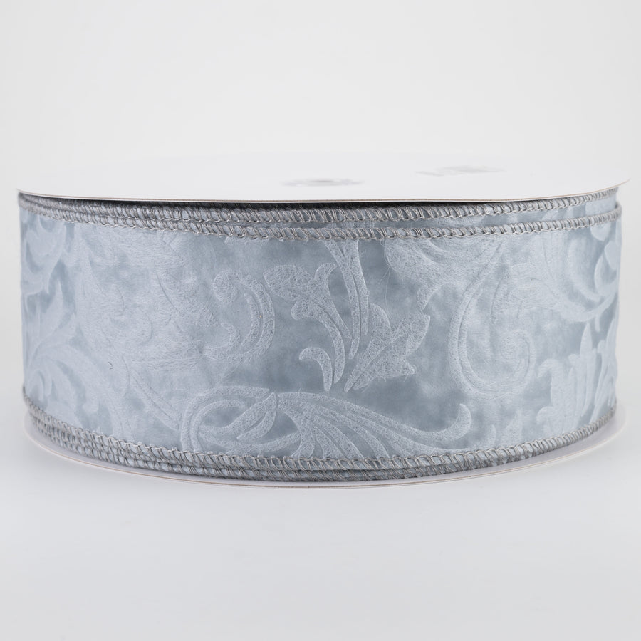 2.5" Embossed Leaf Filagree Breeze Ribbon: Grey (50 Yards)