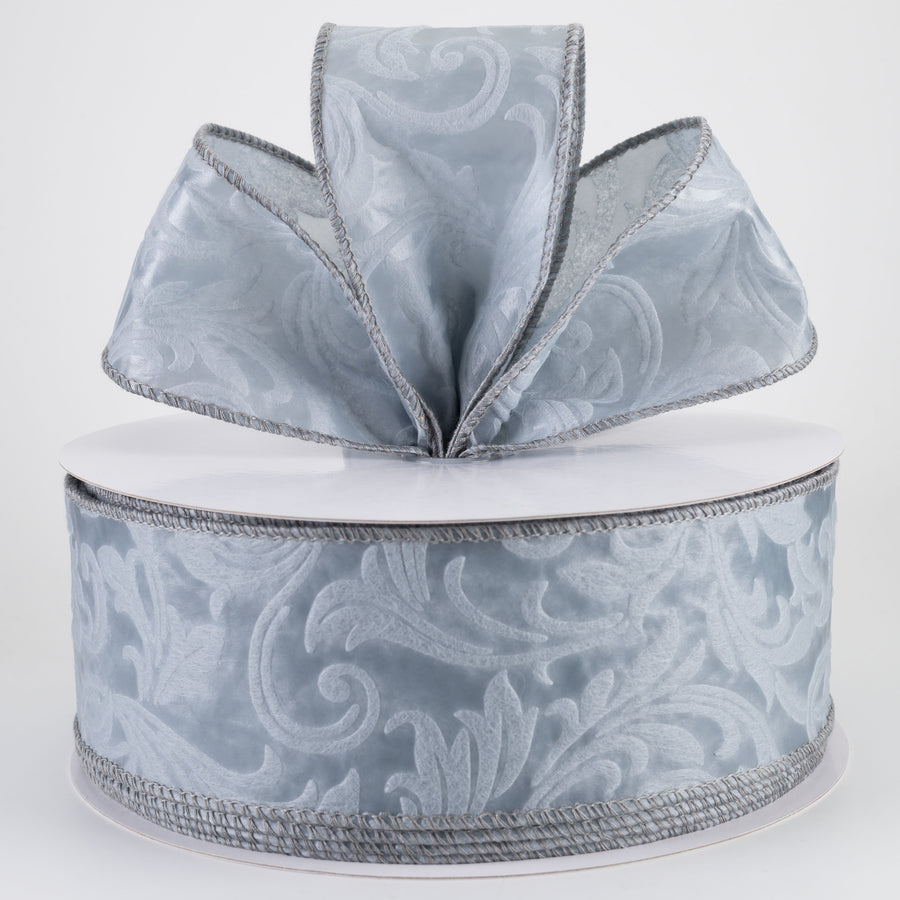 2.5" Embossed Leaf Filagree Breeze Ribbon: Grey (50 Yards)