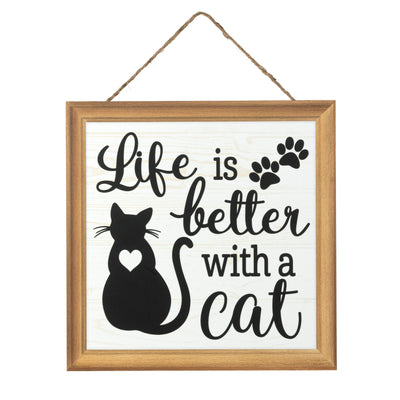 10" Square Wooden Sign: Life is Better With a Cat