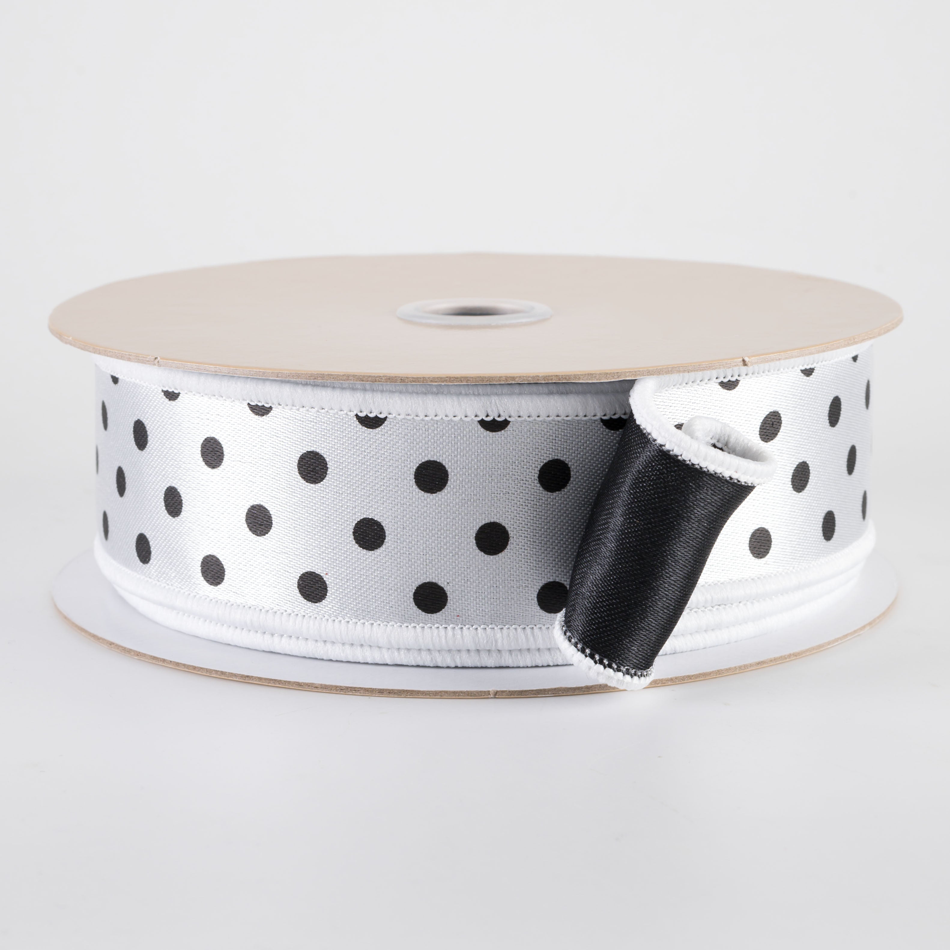 1.5" Double Sided Fused Small Polka Dot Ribbon: White & Black (10 Yards)
