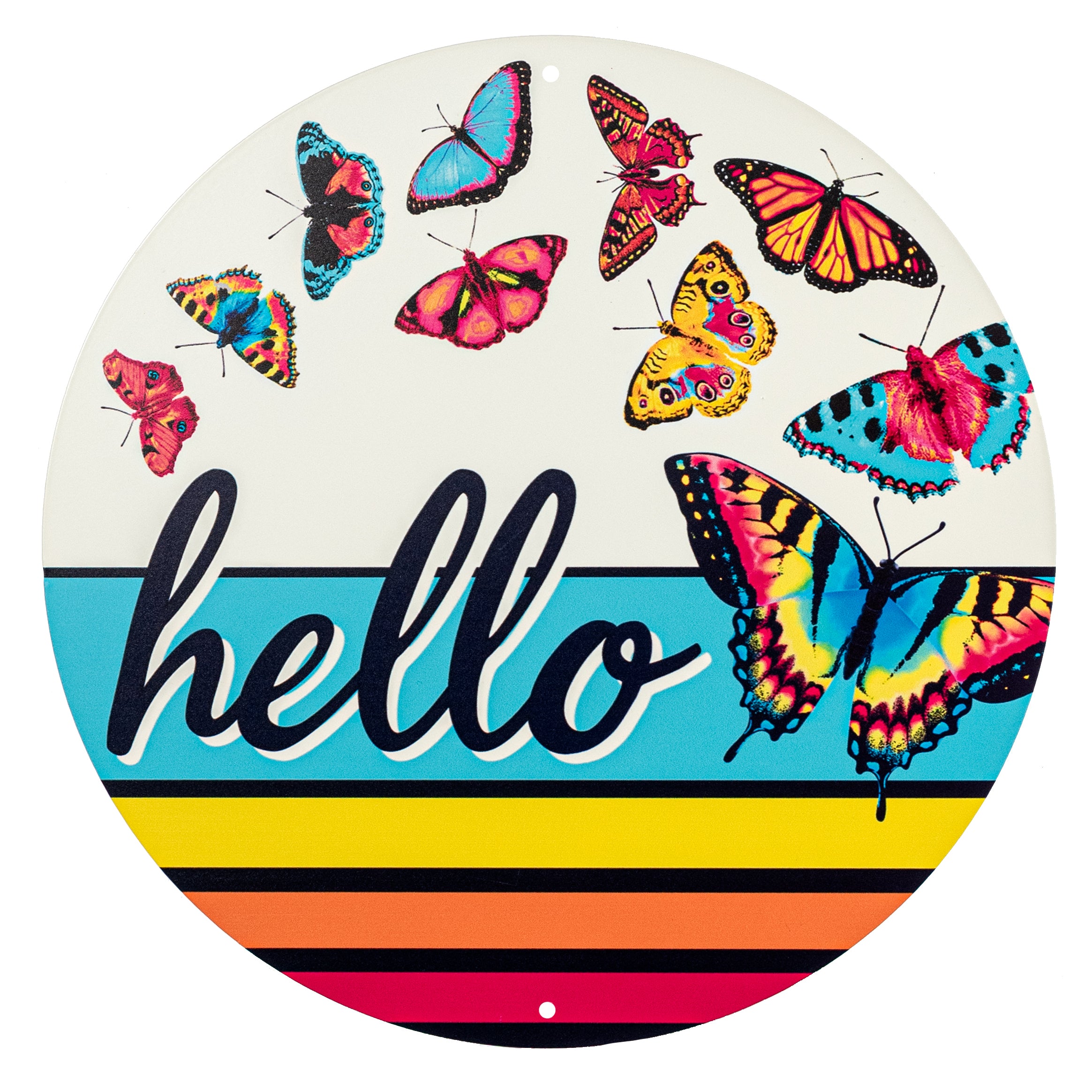 12" Round Metal Sign: Retro Hello Butterflies