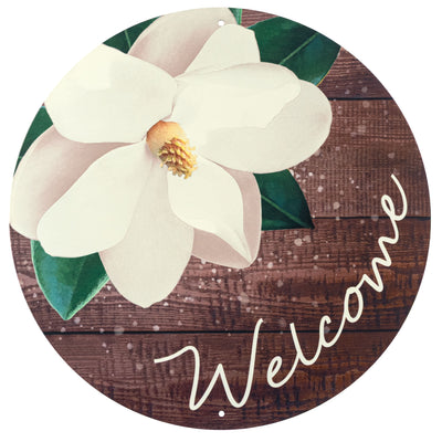 12" Round Metal Sign: Welcome Magnolia Flower