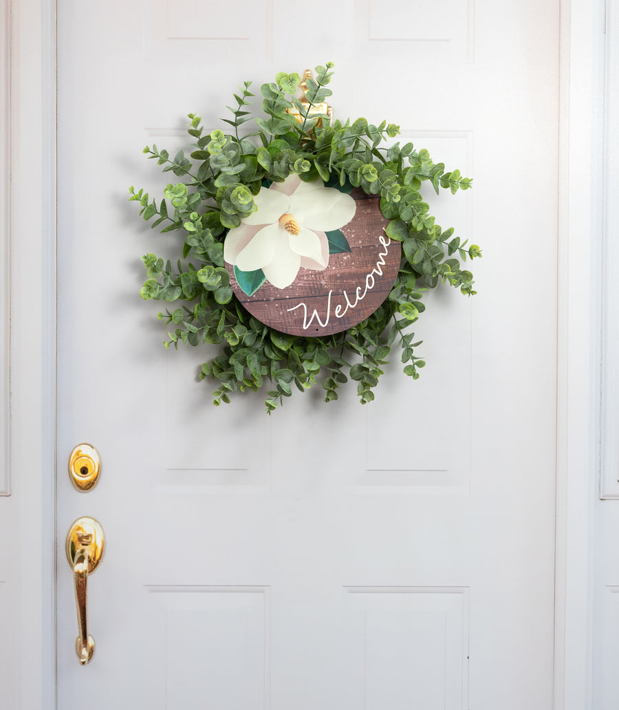 12" Round Metal Sign: Welcome Magnolia Flower