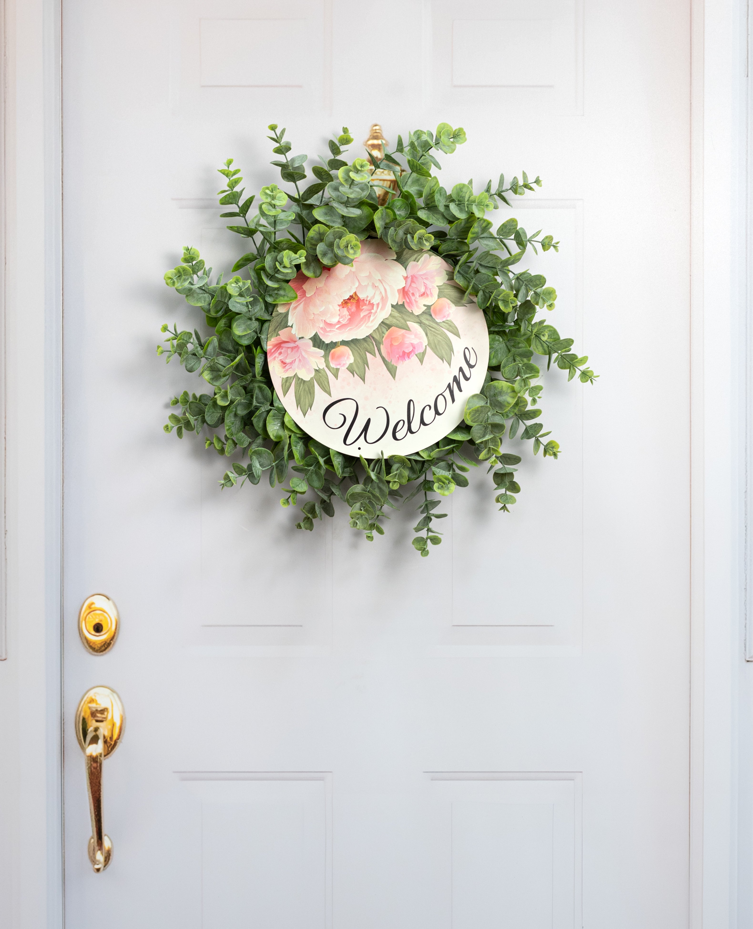 12" Round Metal Sign: Welcome Pink Peonies
