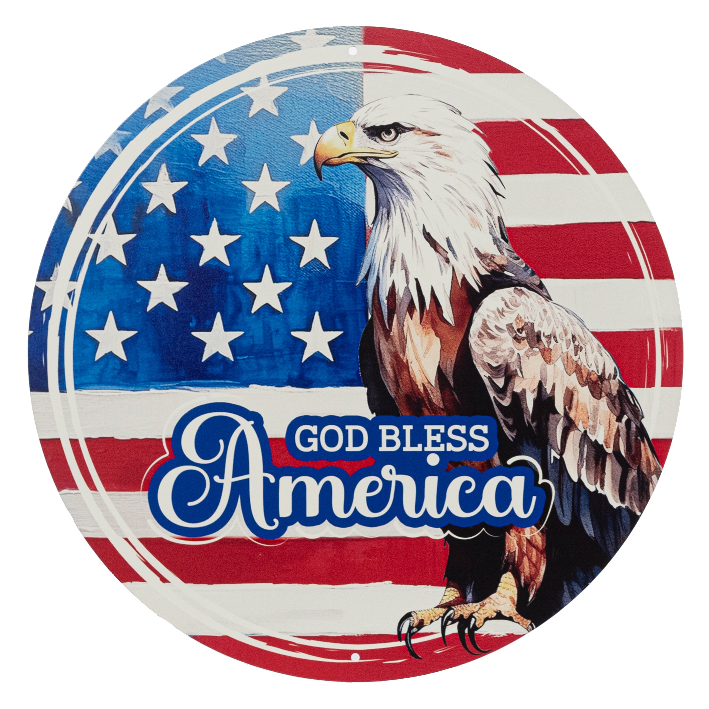 12" Round Metal Sign: God Bless America Eagle Flag