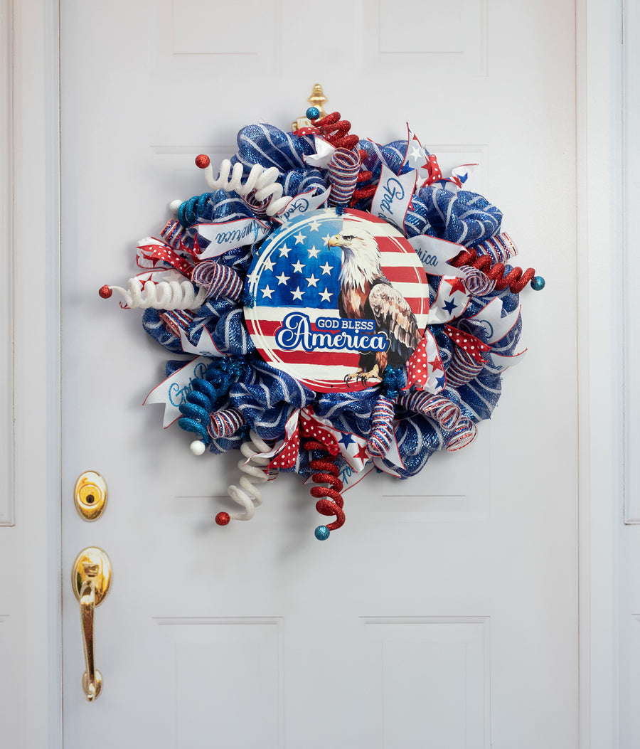 12" Round Metal Sign: God Bless America Eagle Flag