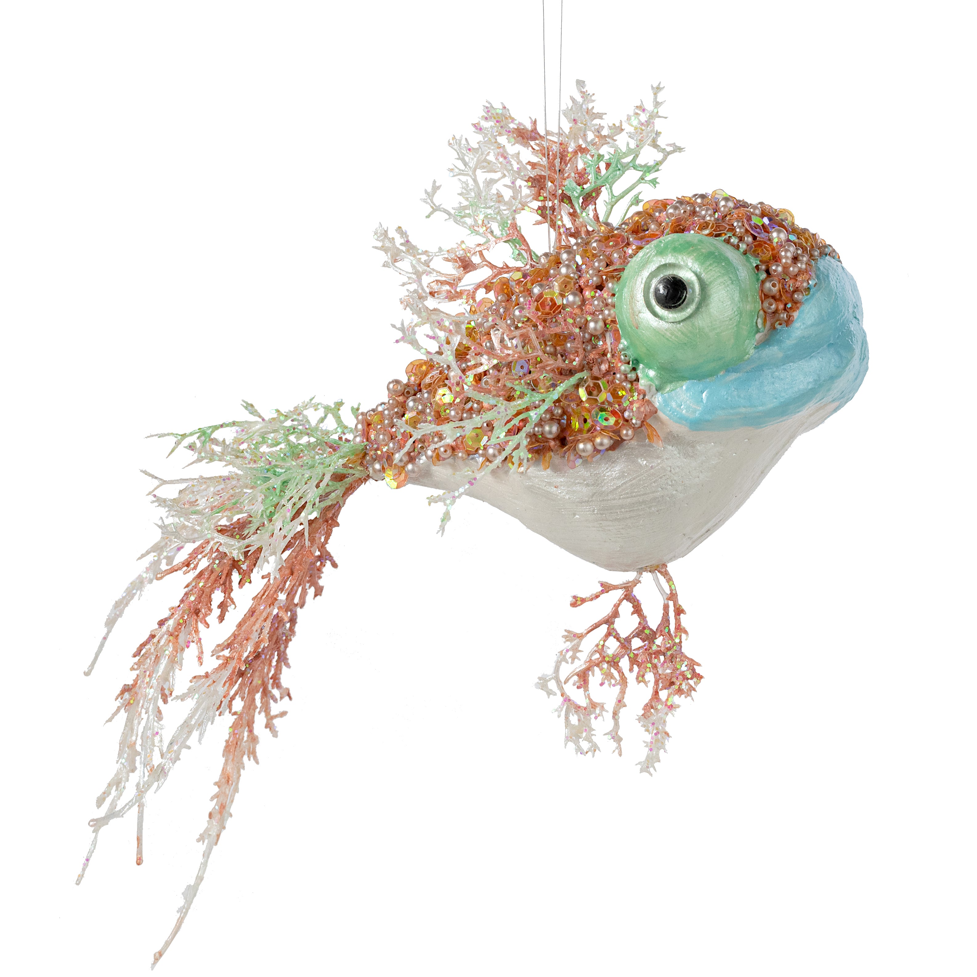 13" Pearl & Sequin Chubby Fish Ornament: Coral