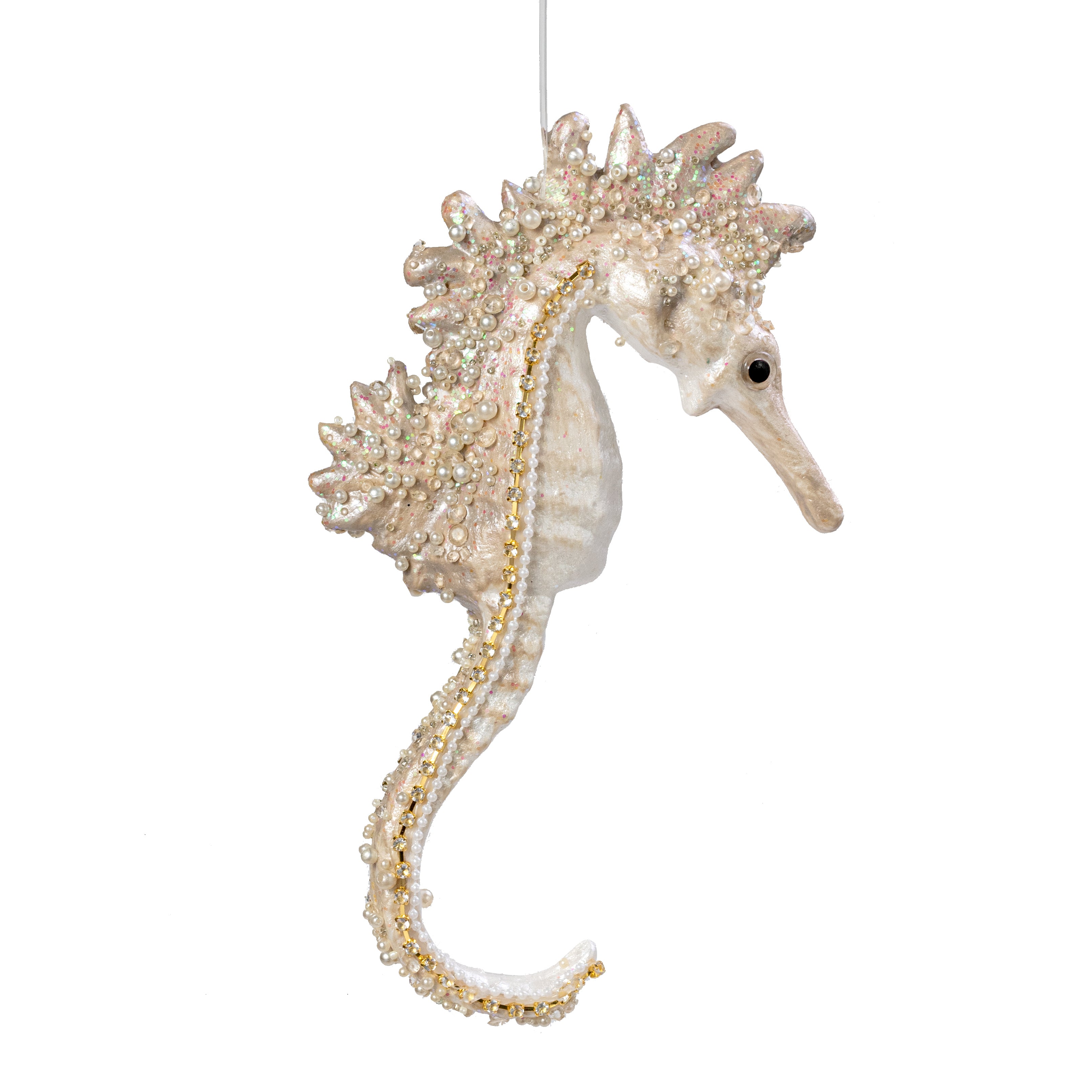 11" Pearl & Sequin Seahorse Ornament: Beige