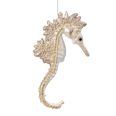 11" Pearl & Sequin Seahorse Ornament: Beige
