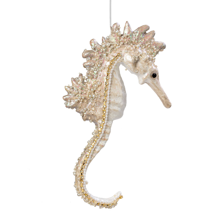 11" Pearl & Sequin Seahorse Ornament: Beige