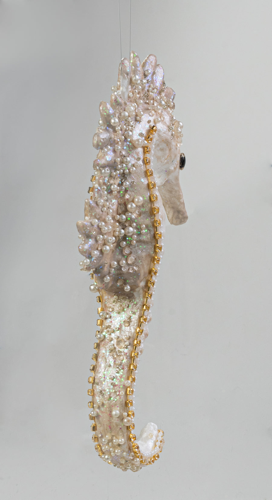 11" Pearl & Sequin Seahorse Ornament: Beige