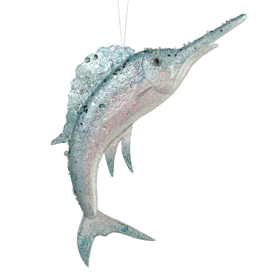 12" Pearl & Sequin Swordfish Ornament: Blue