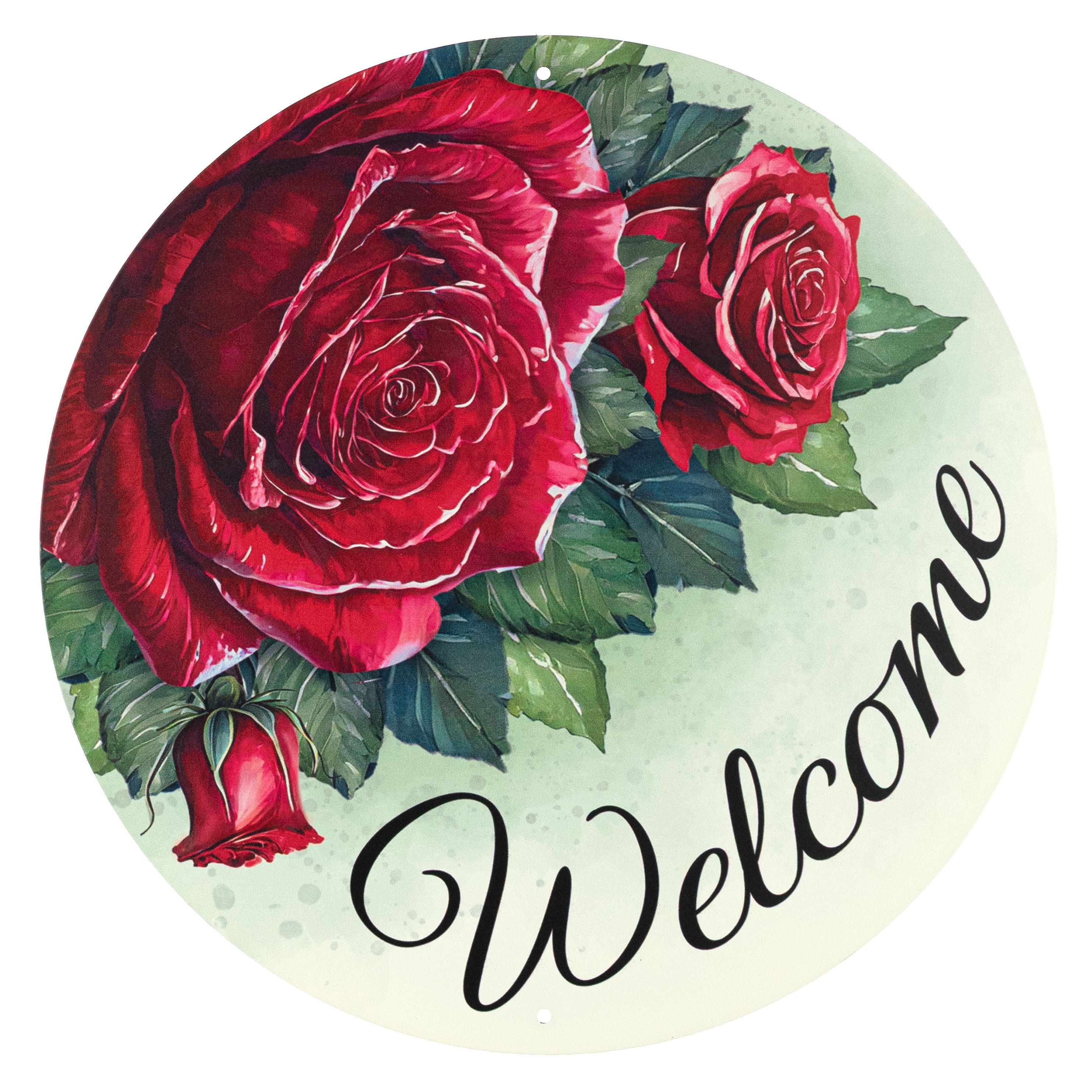 12" Round Metal Sign: Welcome Red Rose Flowers