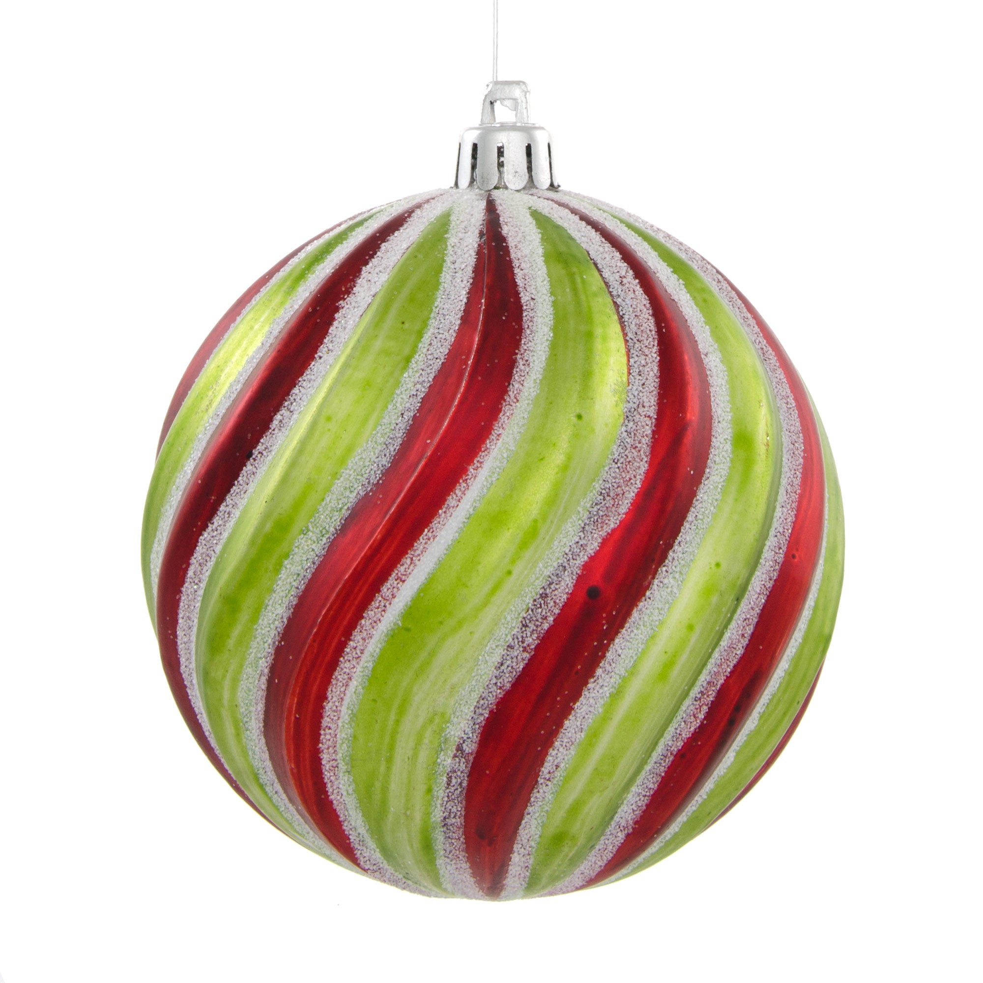 100MM Round Swirl Stripe Metallic Ball Ornament: Lime Green, Red & White