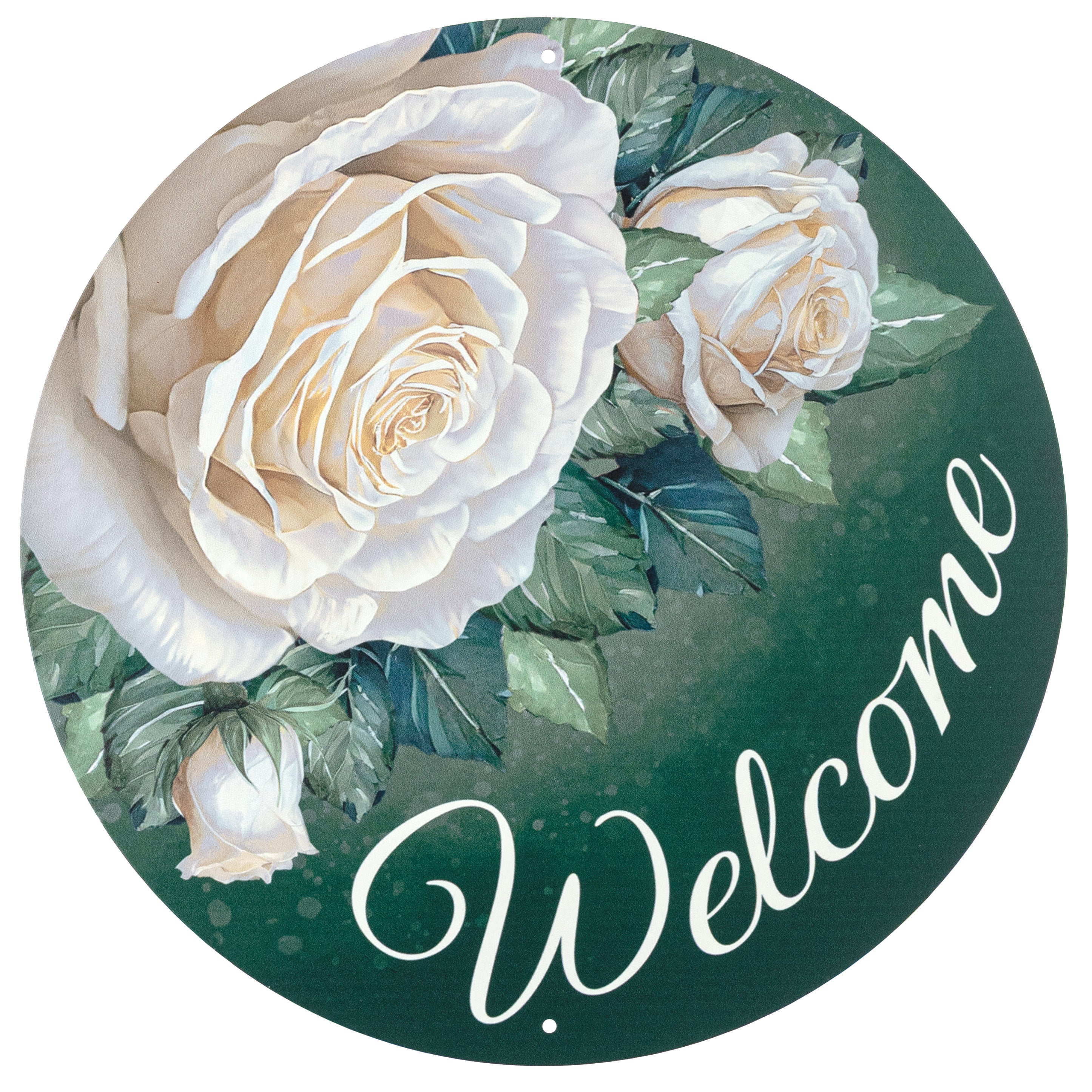 12" Round Metal Sign: Welcome White Rose Flowers