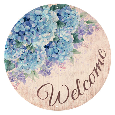 12" Round Metal Sign: Welcome Blue Hydrangeas