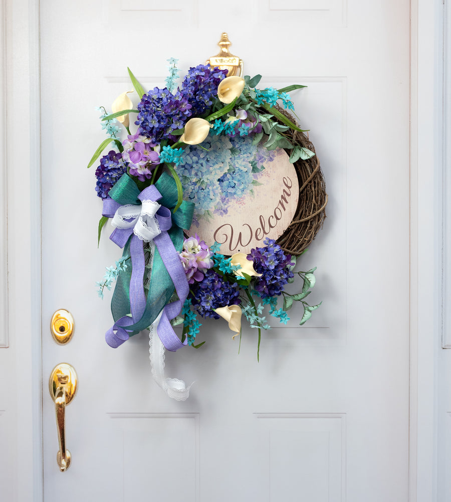 12" Round Metal Sign: Welcome Blue Hydrangeas
