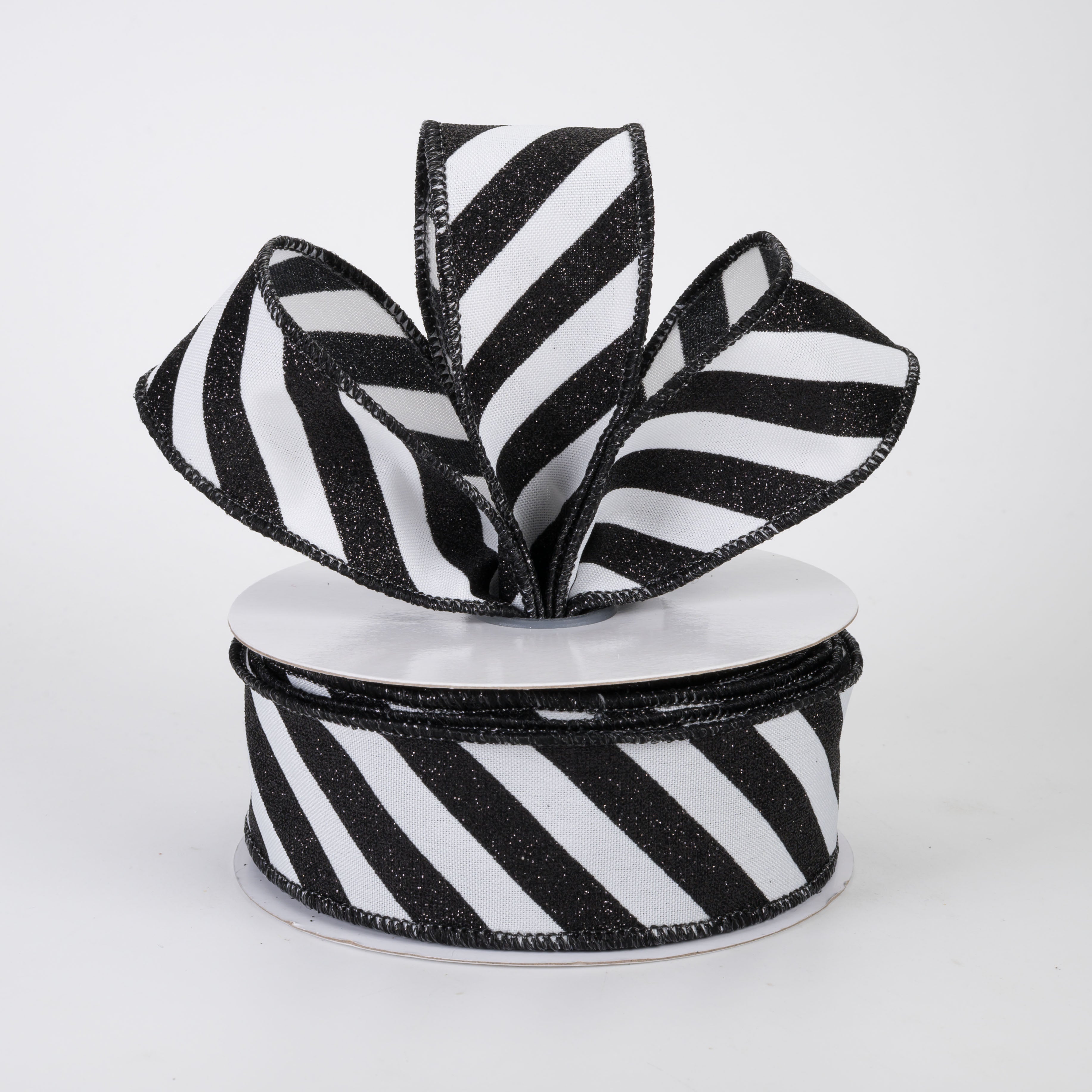 1.5" Diagonal Glitter Stripe Canvas Ribbon: Black on White (10 Yards)