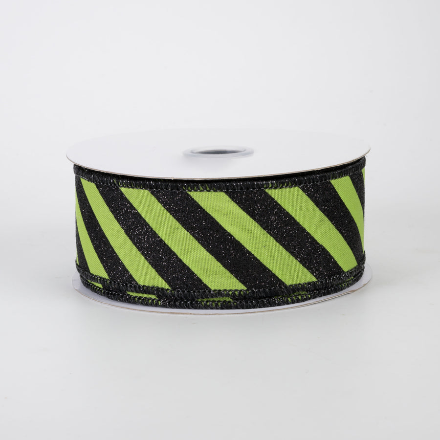 1.5" Diagonal Glitter Stripe Canvas Ribbon: Black on Lime Green (10 Yards)