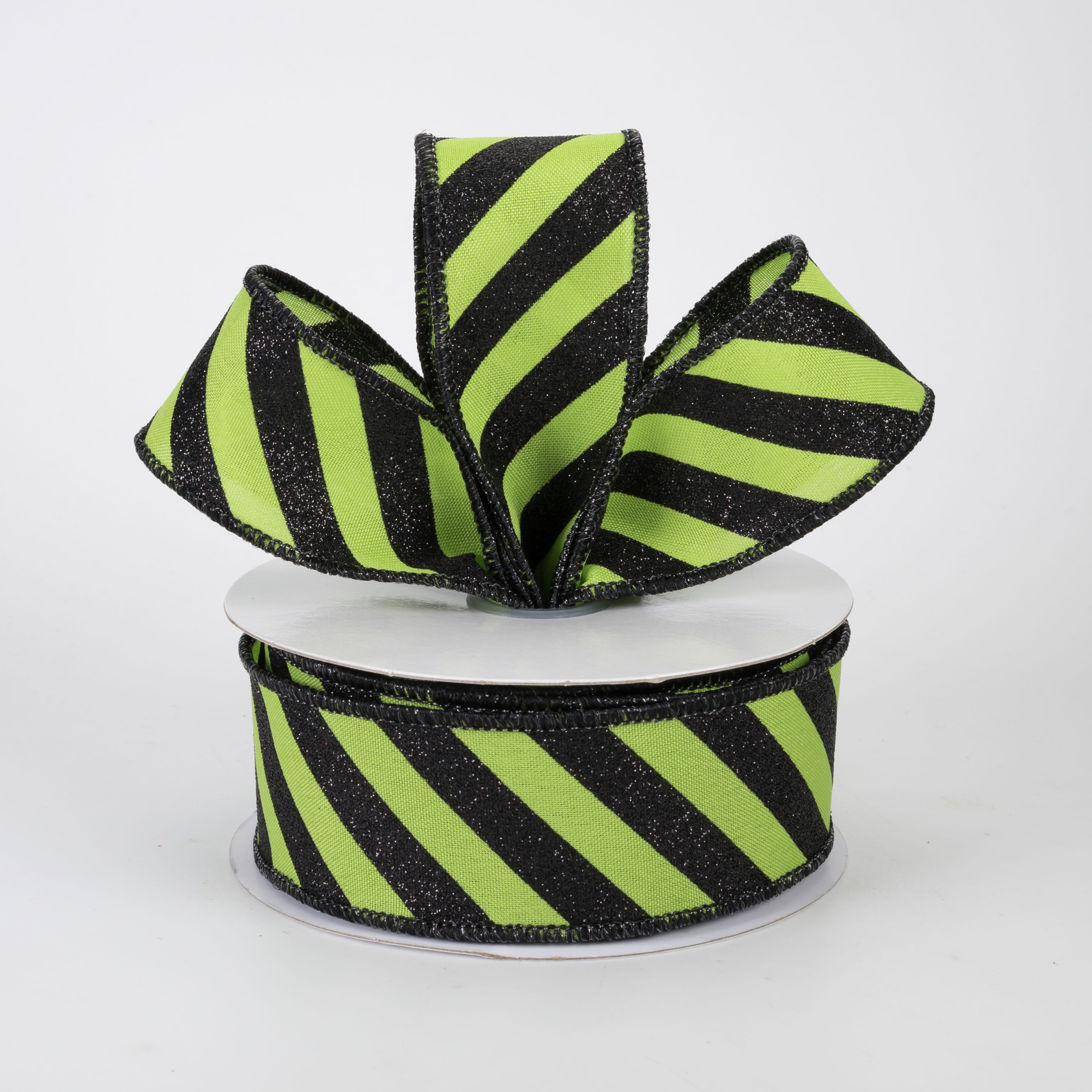1.5" Diagonal Glitter Stripe Canvas Ribbon: Black on Lime Green (10 Yards)