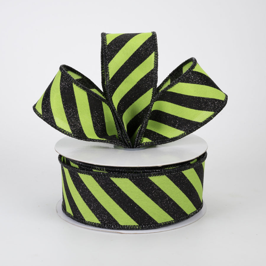 1.5" Diagonal Glitter Stripe Canvas Ribbon: Black on Lime Green (10 Yards)