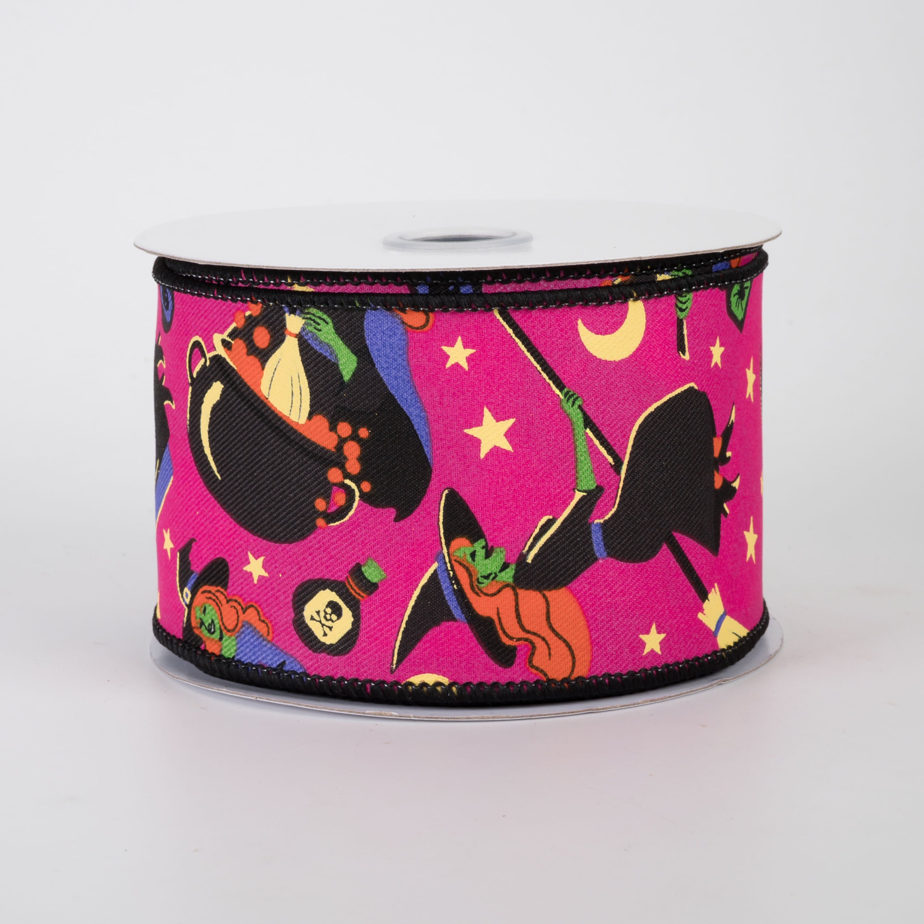 2.5" Vintage Halloween Witches & Cats Ribbon: Hot Pink (10 Yards)