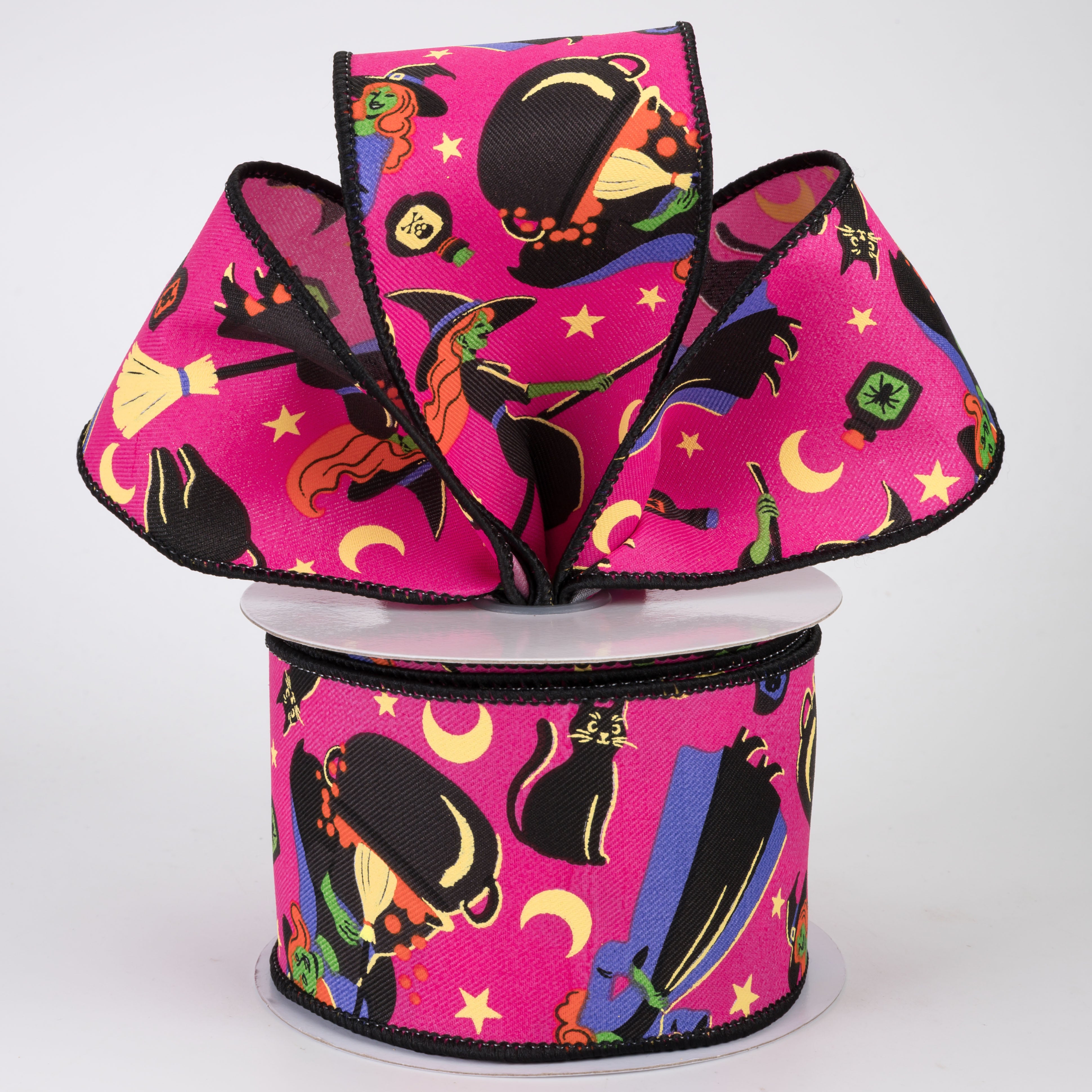 2.5" Vintage Halloween Witches & Cats Ribbon: Hot Pink (10 Yards)
