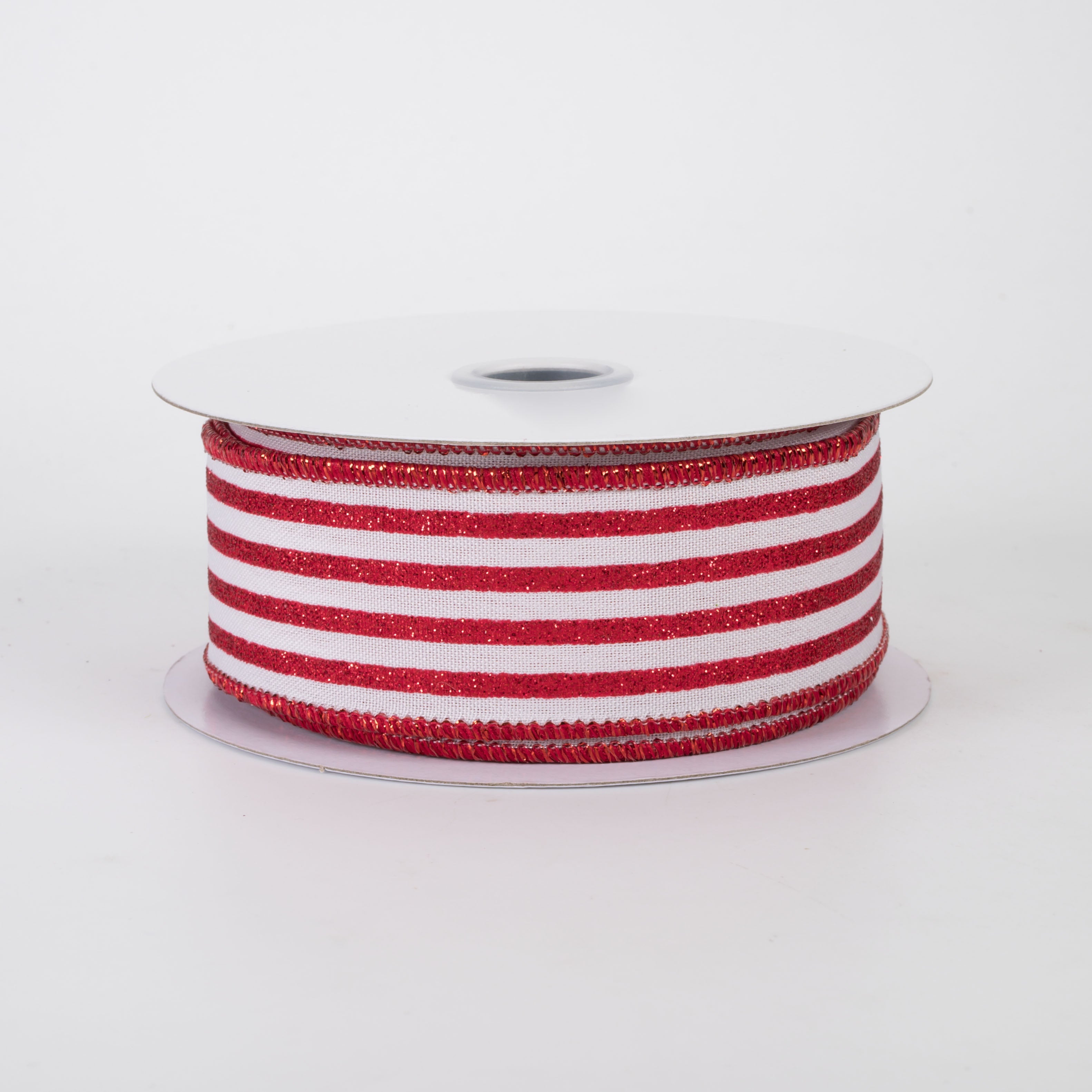 1.5" Glitter Vertical Stripe Ribbon: Red on White (10 Yards)