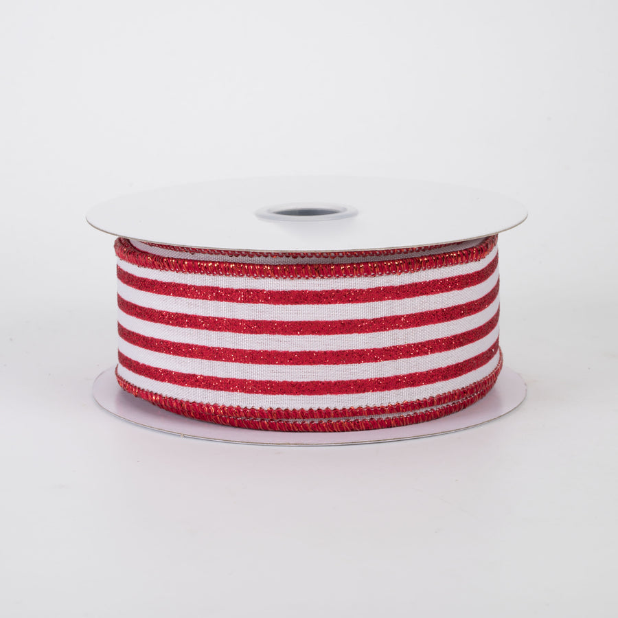 1.5" Glitter Vertical Stripe Ribbon: Red on White (10 Yards)