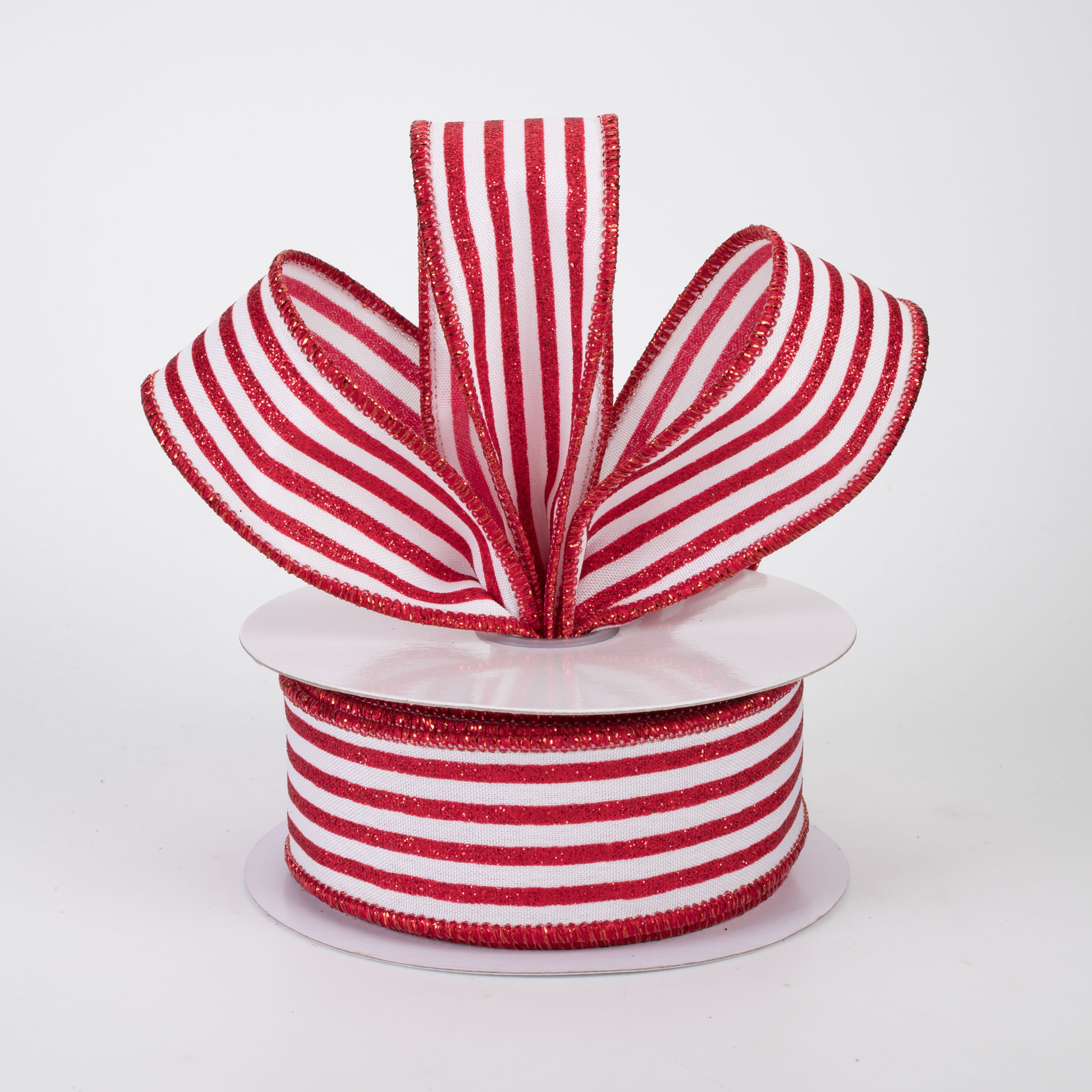 1.5" Glitter Vertical Stripe Ribbon: Red on White (10 Yards)