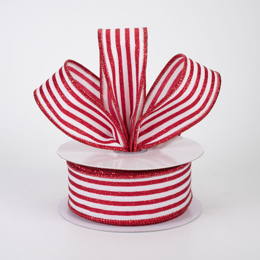 1.5" Glitter Vertical Stripe Ribbon: Red on White (10 Yards)